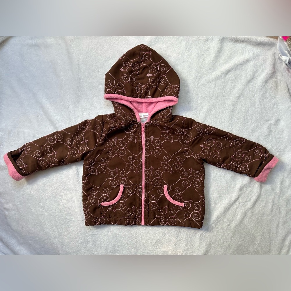Okie Dokie Quilted Heart Hooded Fleece Lined Jacket in Brown/Pink Size 2T